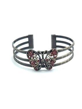 Butterfly Cuff Bracelet With Red & White Enamel Floral Accents Adjustable Fit